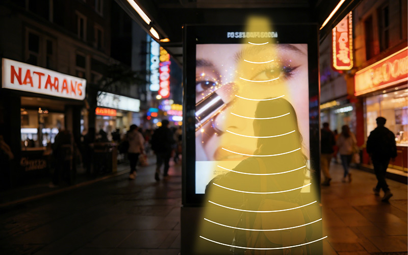 戶(hù)外美妝廣告牌集成定向揚(yáng)聲器，定向發(fā)聲示意圖