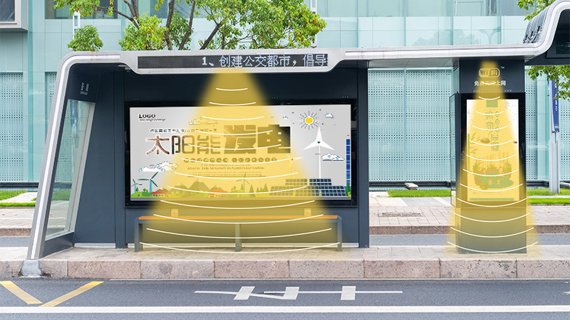 公交站臺(tái)廣告牌集成定向揚(yáng)聲器，定向發(fā)聲示意圖