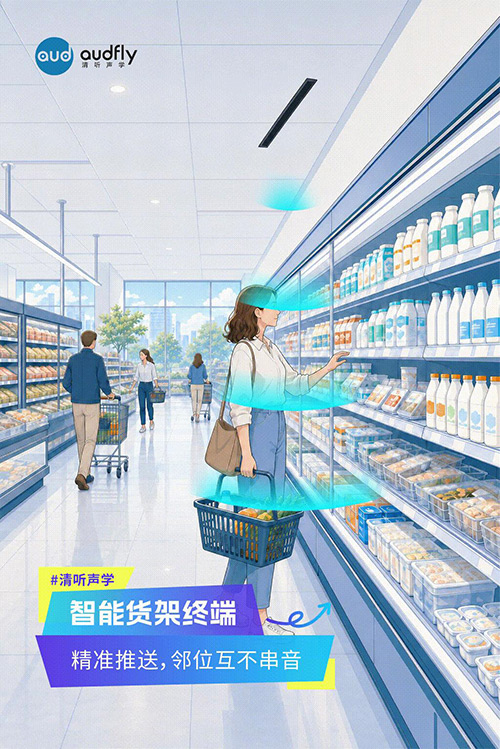 清聽聲學定向發聲技術應用于智能貨架終端，實現商品語音精準導購，互不串音