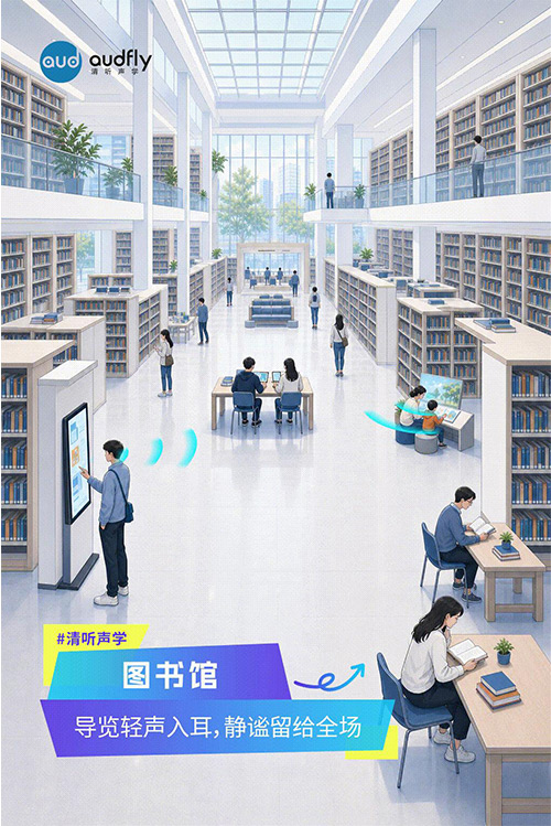清聽聲學定向發聲技術應用于圖書館導覽系統，實現精準語音導引，不影響閱讀環境