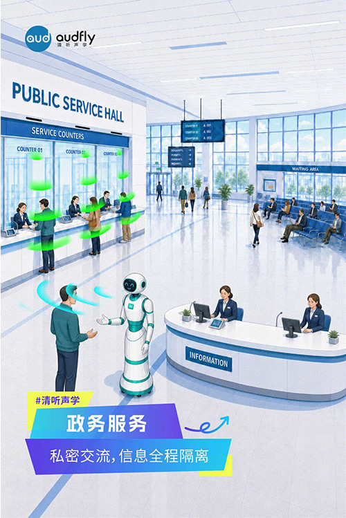 清聽聲學定向發聲技術應用于政務服務窗口，實現窗口間精準傳音，保護辦事隱私