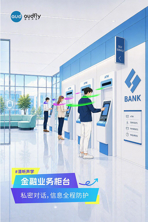 清聽聲學定向發聲技術應用于銀行金融柜臺，實現一對一精準傳音，保障業務交流隱私
