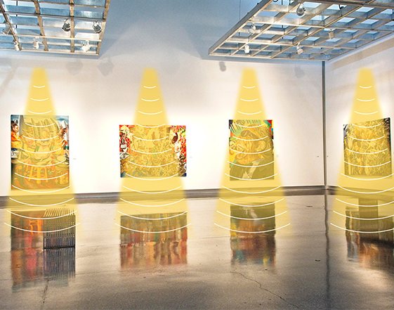 畫廊定向喇叭提供分區藝術解說，增強觀眾沉浸感，保持環境安靜。